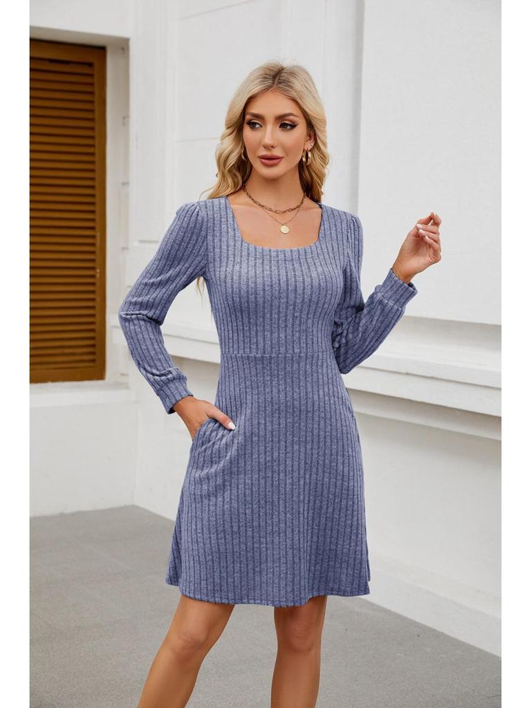 2025 Women's Square Neck Pocket Knit Sweater Dress - Long Sleeve Casual Fashion