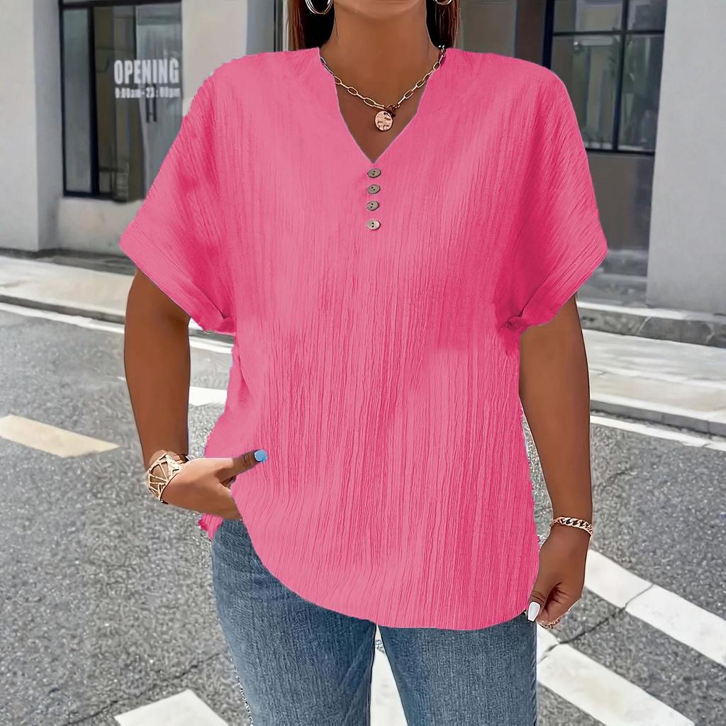 Women’s Short Sleeve V Neck Blouse with Button Loose Fit Tunic Top for Casual Daily Wear
