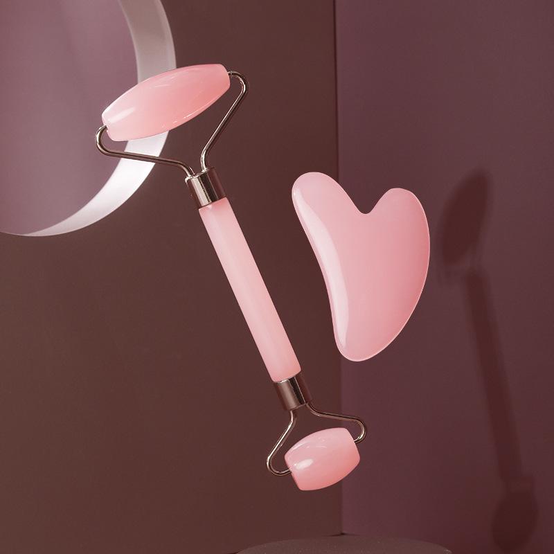 

Jade Double-Headed Facial Massage Roller Set Gua Sha Board рожевий