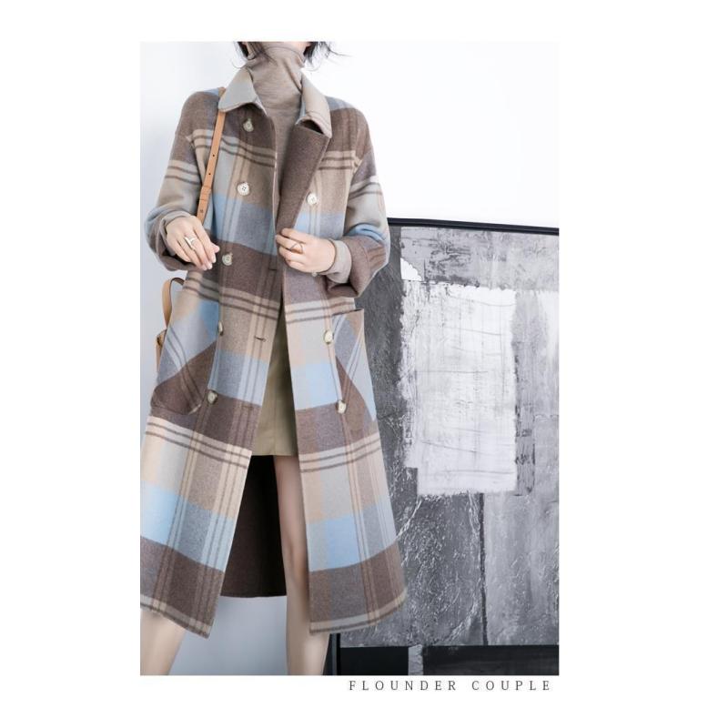 Tooxika Plaid Woolen Coat Winter New Style Over Knee Double-breasted Large Pockets Loose Mid-length Coat