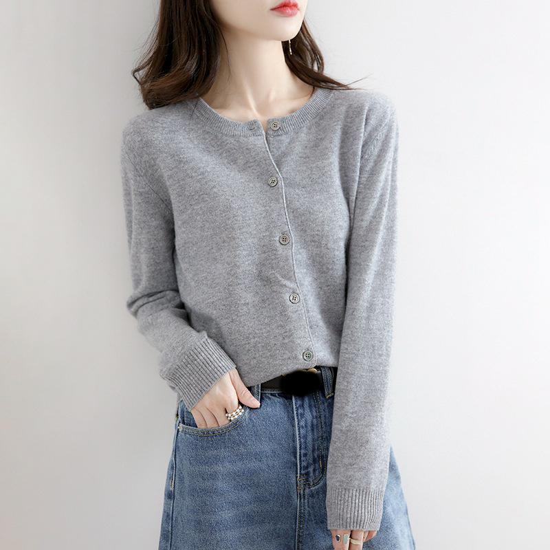 Women Single Breasted Chic Cardigan Fashion Solid Color Long Sleeve Round Neck Autumn Winter Sweater Casual Office Lady Jumpers