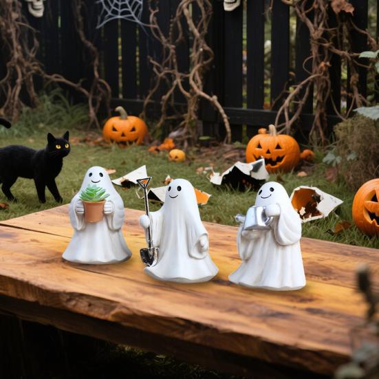 Yousheng 3 Pcs Halloween Ghost Figurines Resin Gardening Ghost Statue Cartoon Ghost Collectibles for Office Desk Windowsill Decor