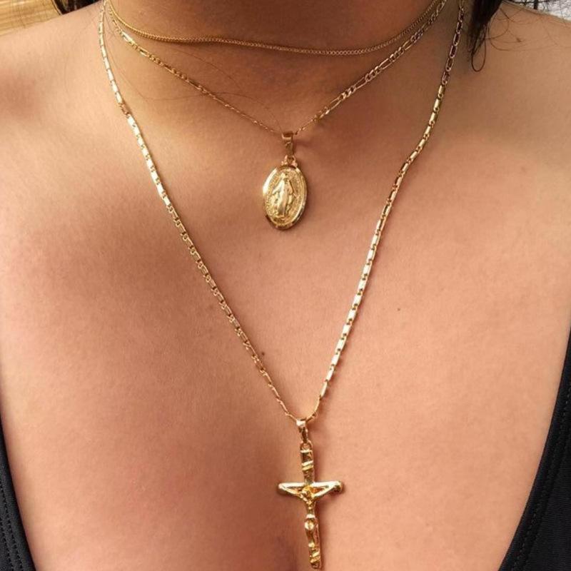 Summer Black Rhinestone Cross Jesus Pendant Choker Necklace for Women Punk Vintage Double Layers Chain Neck Boho Jewelry