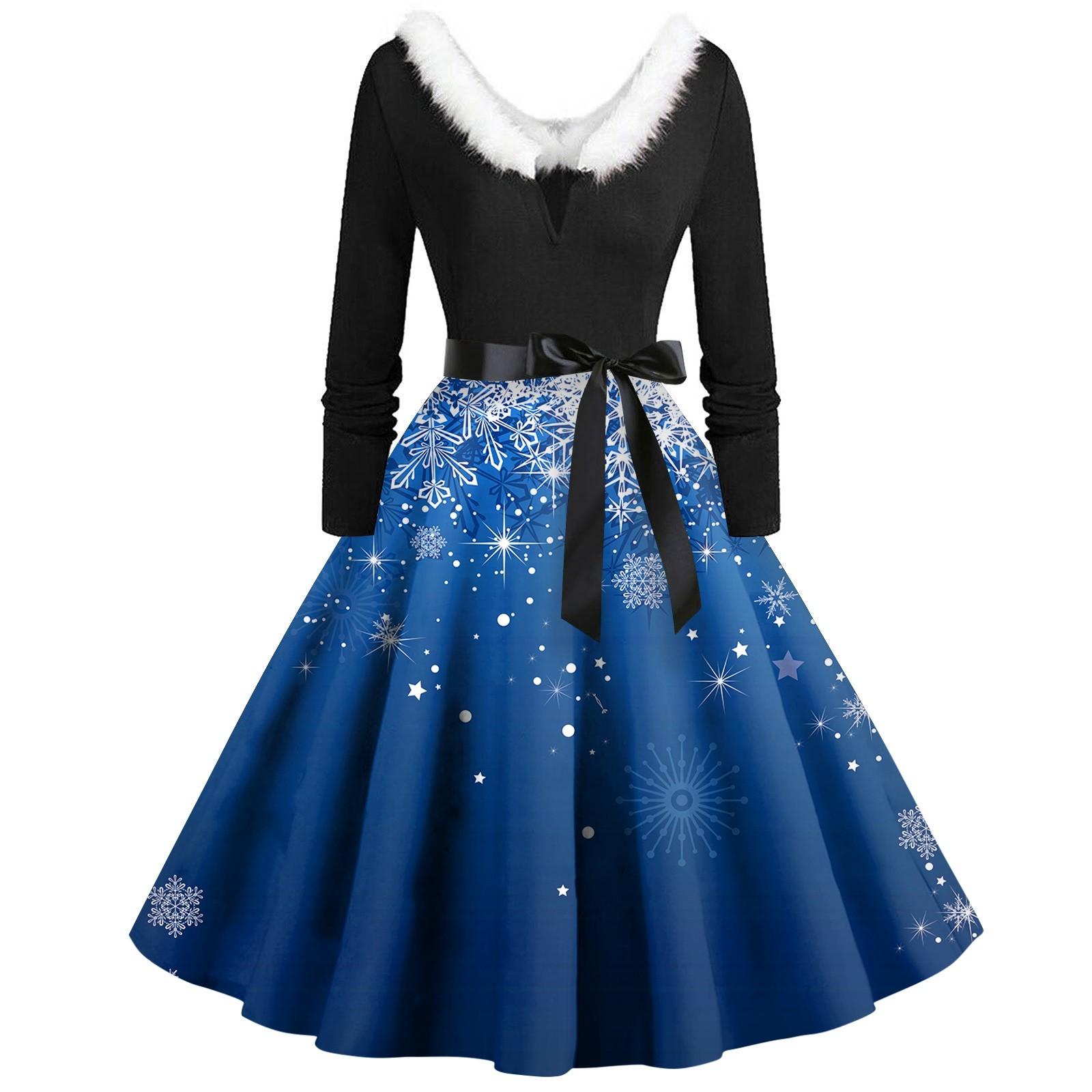 

Женское винтажное платье с длинным рукавом и рождественским принтом в стиле 1950-х годов для вечеринки, выпускного вечера, для домохозяйки S синий