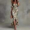 Women's Sexy Deep V Neck Ruffles Maxi Dress Spring Elegant Floral Print Mermaid Party Dress Summer Flare Sleeve Satin Long Dress