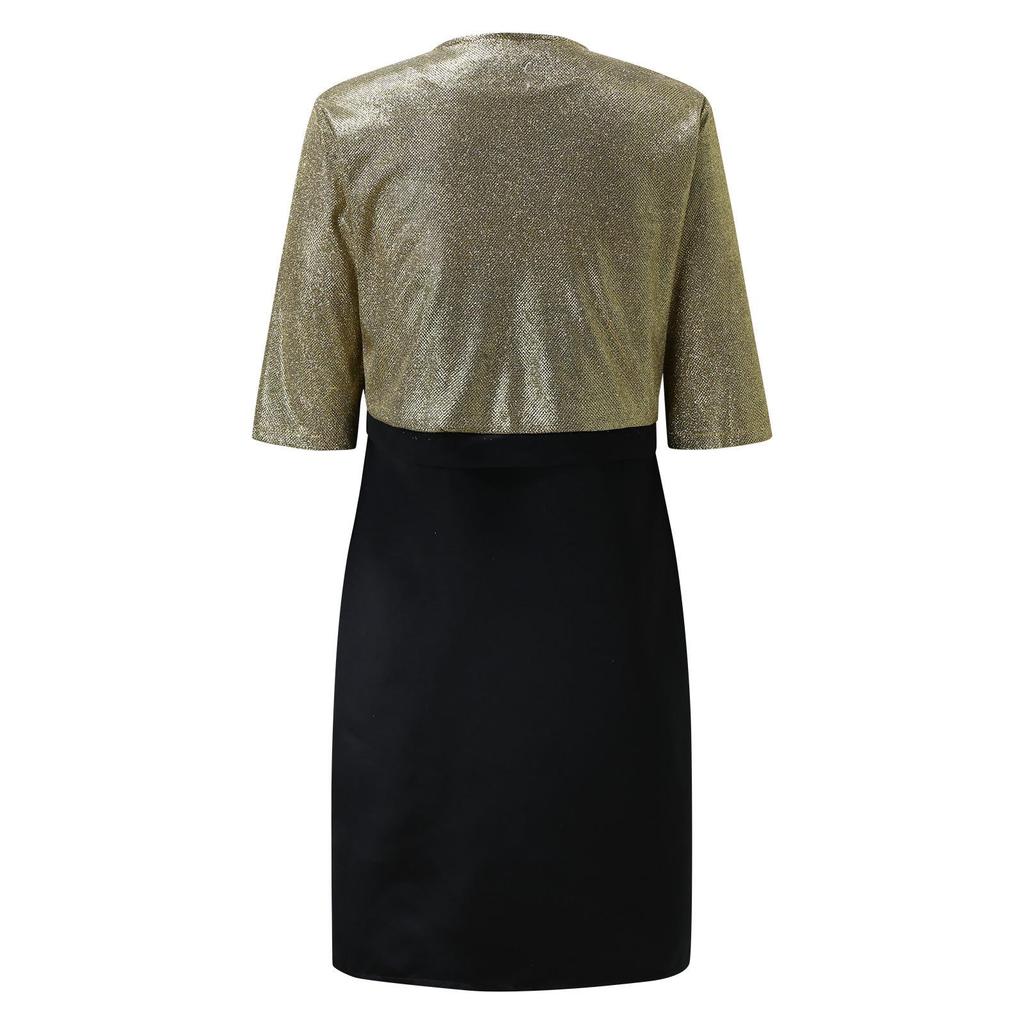 Sequined Shawl Spliced Evening Dress, Round Neck Sleeveless Pullover, Plus Size Women's Clothing