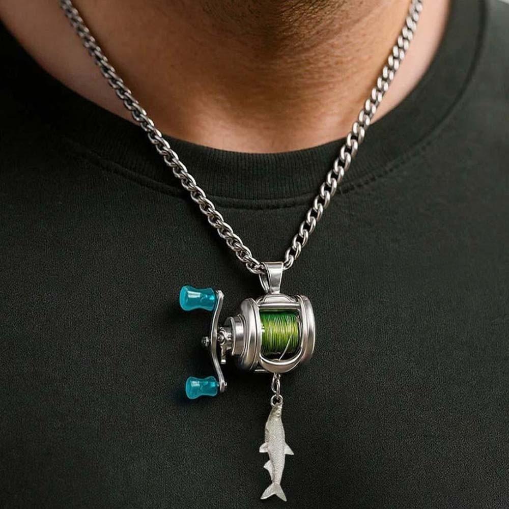 Collarbone Chain Luxury Fishing Reel Necklace Detachable Rotatable Fishing Reel Ring High-end Silver Men Neck Pendant Daily