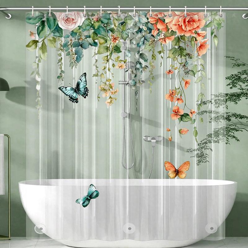 Hochwertiger PEVA Goldfisch Duschvorhang - Transparente Badezimmerdekoration mit Orangen Fischen und Stein-Design, Inklusive 12 Haken
