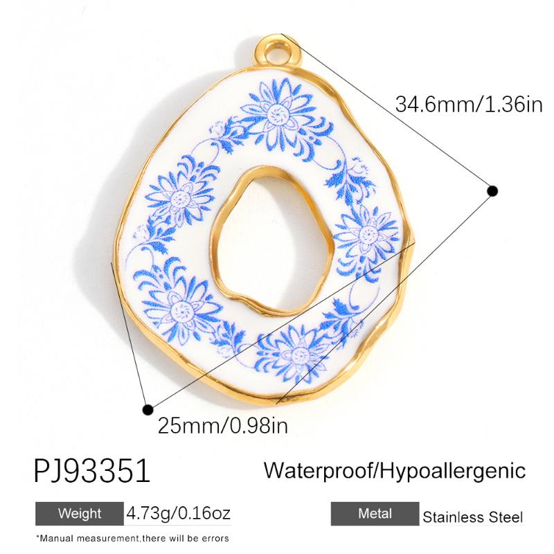 304 Stainless Steel Pendants Plated Blue Drop Flower Printed Charms For Diy Necklace Jewelry Making