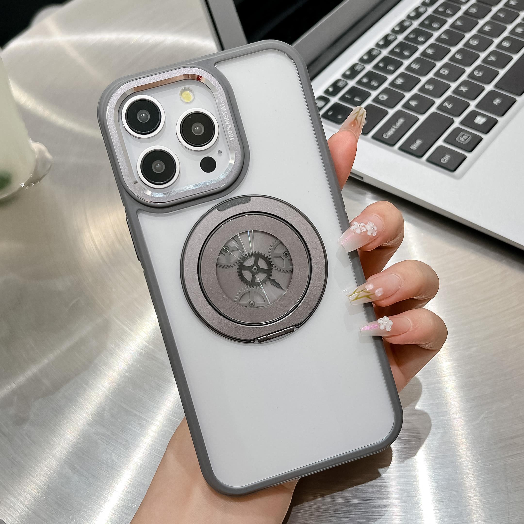 

For iPhone 15 Pro Max Magnetic Case TPU+Acrylic Kickstand Phone Back Cover Relieve Stress Gear Design Titanium Grey