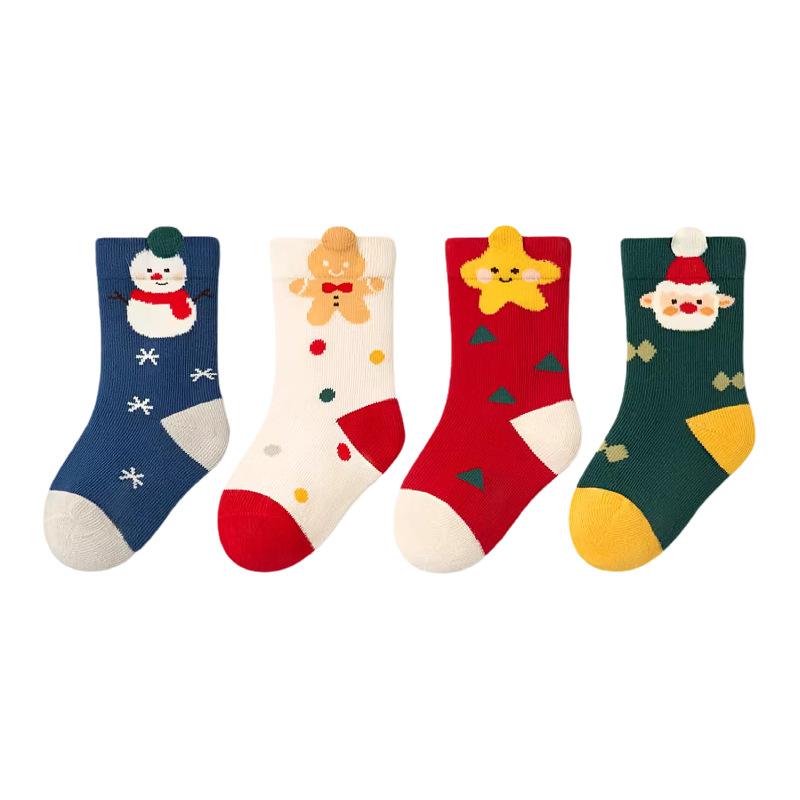 4Pairs/Set Cute Cartoon Christmas Socks Autumn Winter Kids Thick Warm Red Middle Tube Sock 0-8 Years Boy Girl Anti-Cold Floor Socks