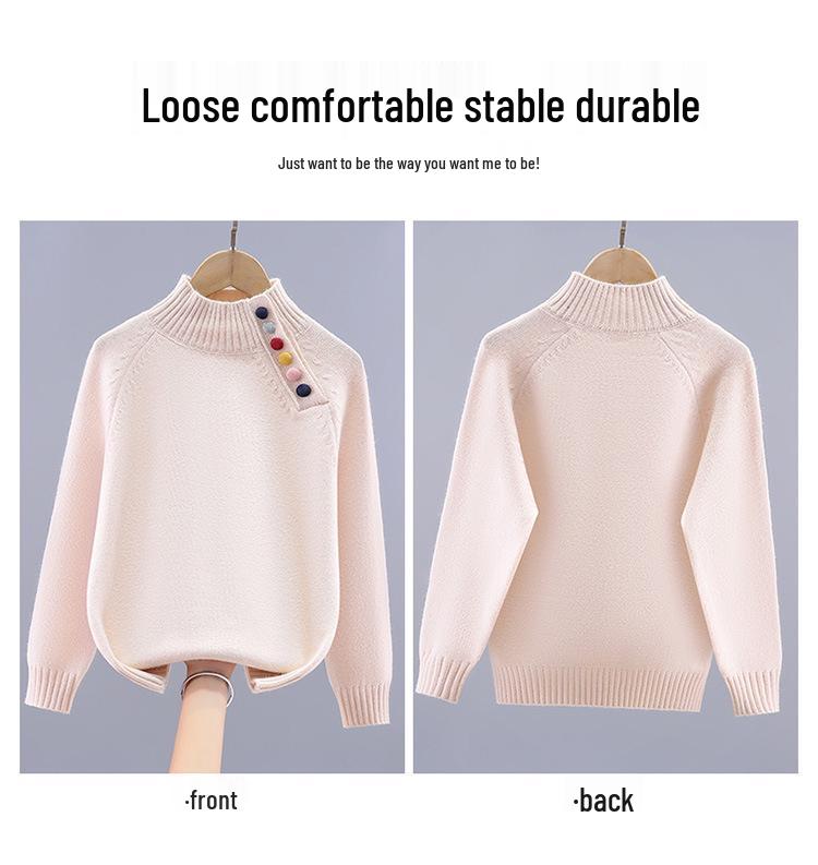 Pulover Tricotat la Modă pentru Fete cu Gât Mediu-Înalt - Stil Toamnă/Iarnă, Top de Bază Îngroșat pentru Copii Mijlocii și Mari