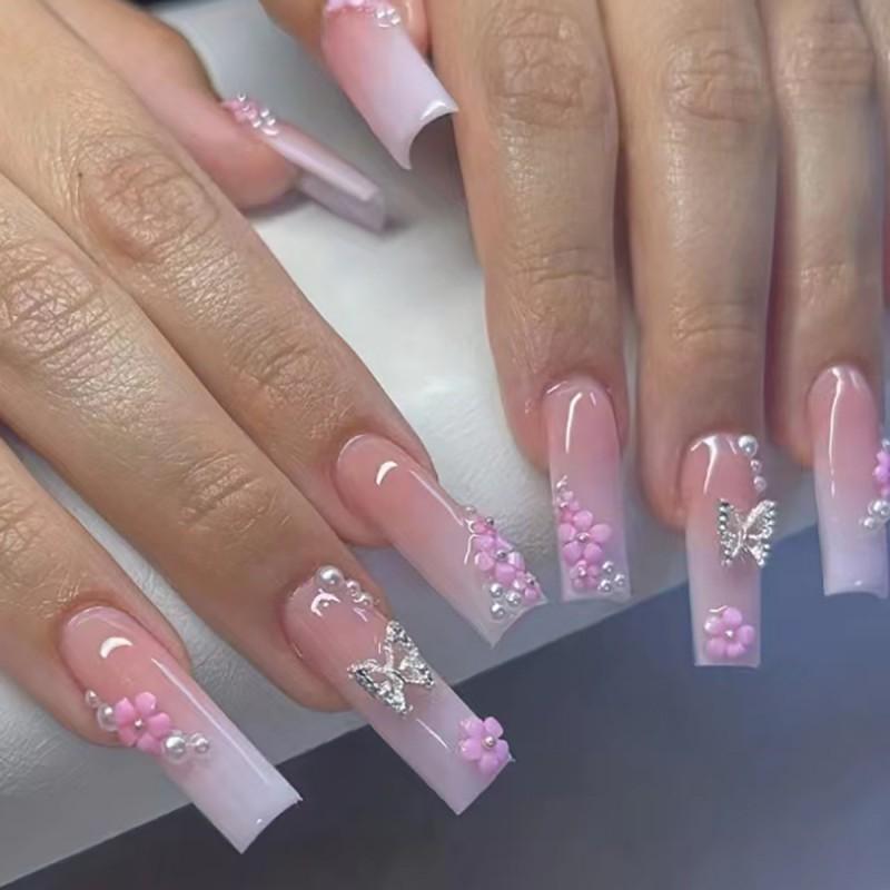 Gradient Butterfly Nail Art Tips Sweet Floral Press-On Nails Gel Glue Or Jelly Adhesive Gel Nail Style