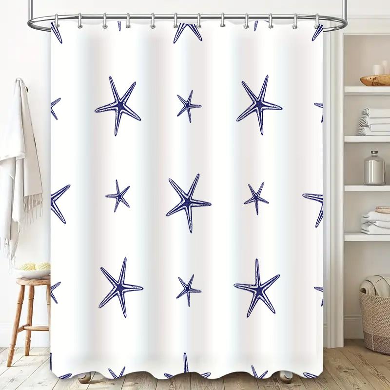 Delightful Starfish Printed Shower Curtain Luxury Blue 3D Pattern Waterproof Bathroom Decor Rectangular Shape, Size W72 x L84 In
