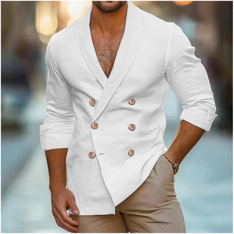 

Cotton and Linen Fashion Shirt Long-sleeved Cardigan Solid Color Jacket New Spring and Autumn Men s Suit Double-breasted Casual S белый