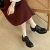 Sheepskin~ Round head leather platform loafers women's buckle strap thick heel Oxford shoes British with skirt lazy small leather shoes