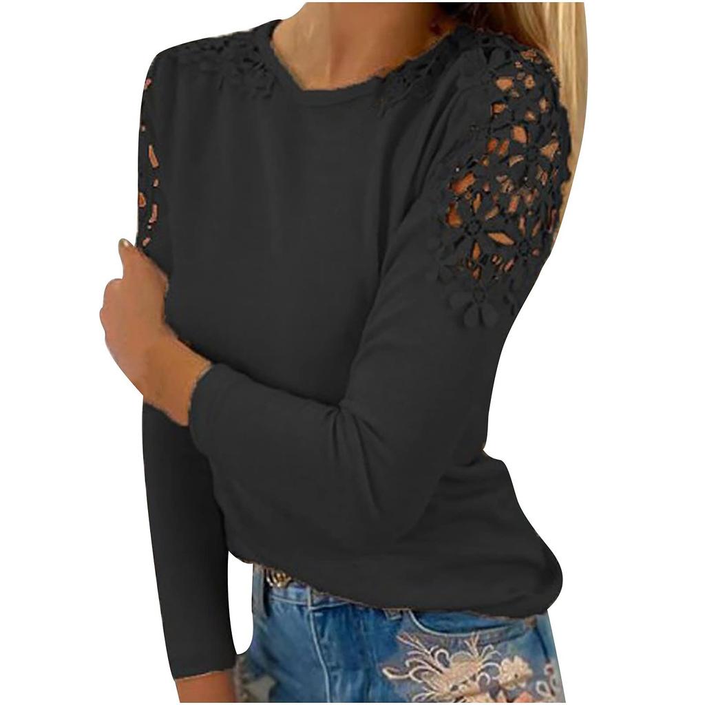 Womens Lace Hollow Out Tops Fall Cold Shoulder Shirts Long Sleeve Crewneck Blouses Casual Loose Pullover Shirts