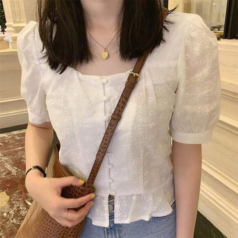 ZANZEA Women Casual Square Neck Short Sleeve Summer Patchwork Crochet Blouse