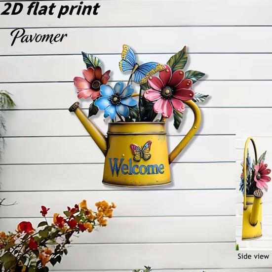 Three Dimensional Wall Ornaments Rustic Metal Watering Can Art, Flower Butterfly Welcome Sign, Farmhouse Home Exterior Decorations Iron Hanging Decor