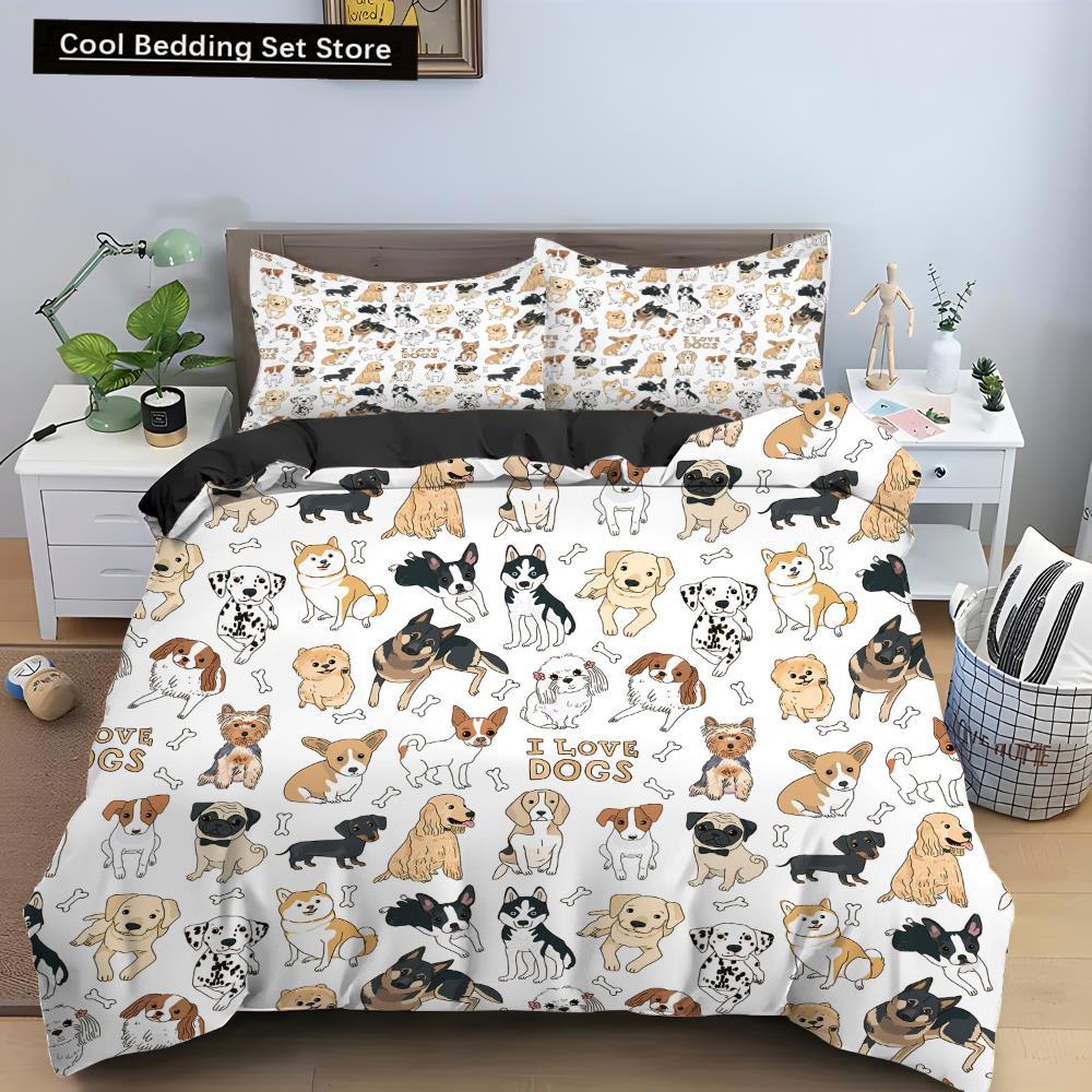 Cartoon Dog King Queen Duvet Cover Lovely Illustrated Pet Puppy bedding set  Animal Quilt Cover 2/3pcs Polyester Comforter Cover
