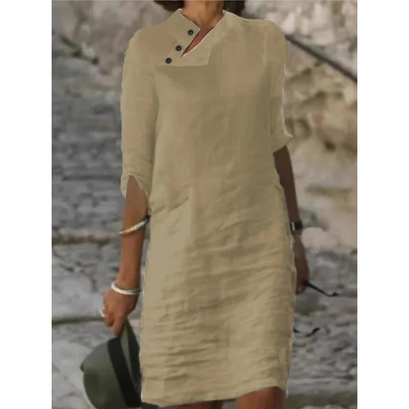 YYFS Women's Fashion Summer Spring Solid Color Print 1/2 Sleeves Stand-Neck Loose Waistline Casual Dresses