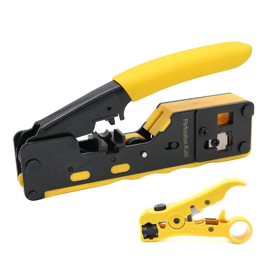 RJ45 Crimp Tool Pass Through Crimper, All In One Crimping Tool Ethernet Cable Crimper Stripper for Cat6a Cat6 Cat5 Cat5e