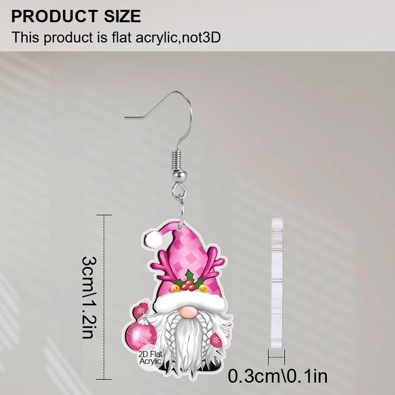 2D Flat Acrylic Cute Christmas Pink Gnome Dangle Earrings, Suitable As A Holiday Gift for Women, Holiday Party Decoration Jewelry.