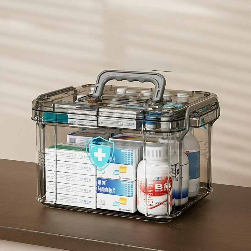 

1pc Double-Layer Medicine Storage Box - Transparent Gray Waterproof with Handle for Home Travel сірий колір