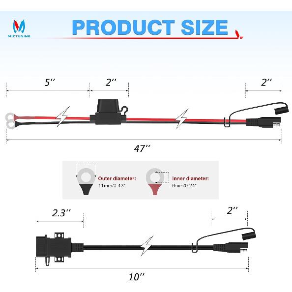 MICTUNING Motorcycle USB Charger,SAE To USB Cable Adapter SAE Quick Disconnect 2.1A Waterproof USB Port With Inline Fuse, Socket Cable 12V-24V For