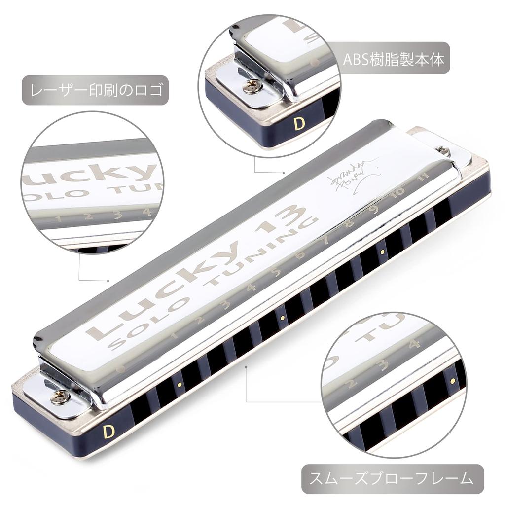 East Top Lucky13 (solo-D) 13-Hole Blues Harmonica in D, for Jazz Professionals, Adults, and Children, Perfect for Study and Practice, with Brass Cover