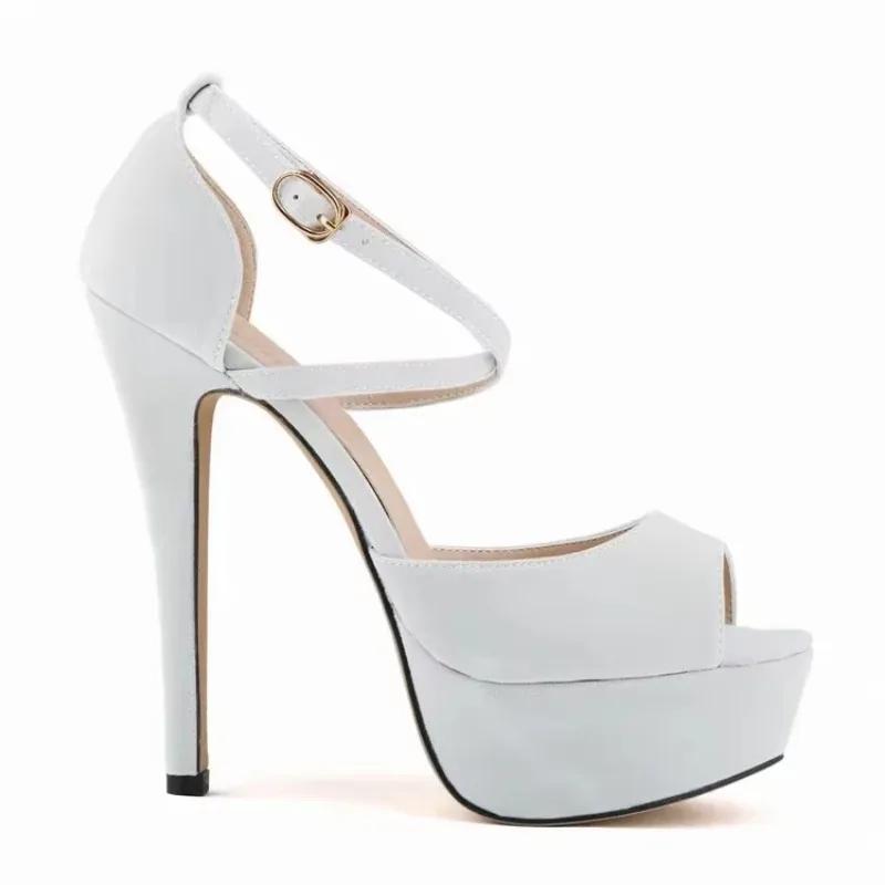 Women Pumps Stilettos Sexy 14cm Fashion Peep Toe High Heels Platform Ankle Strap Sandals Red Bridal Wedding Shoes Large Size 44