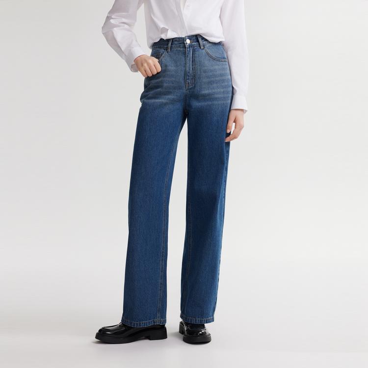 ELLE French Design Solid Color Cotton High Waist Vintage Gradient Straight Leg Jeans Women Jeans Blue EQ49219