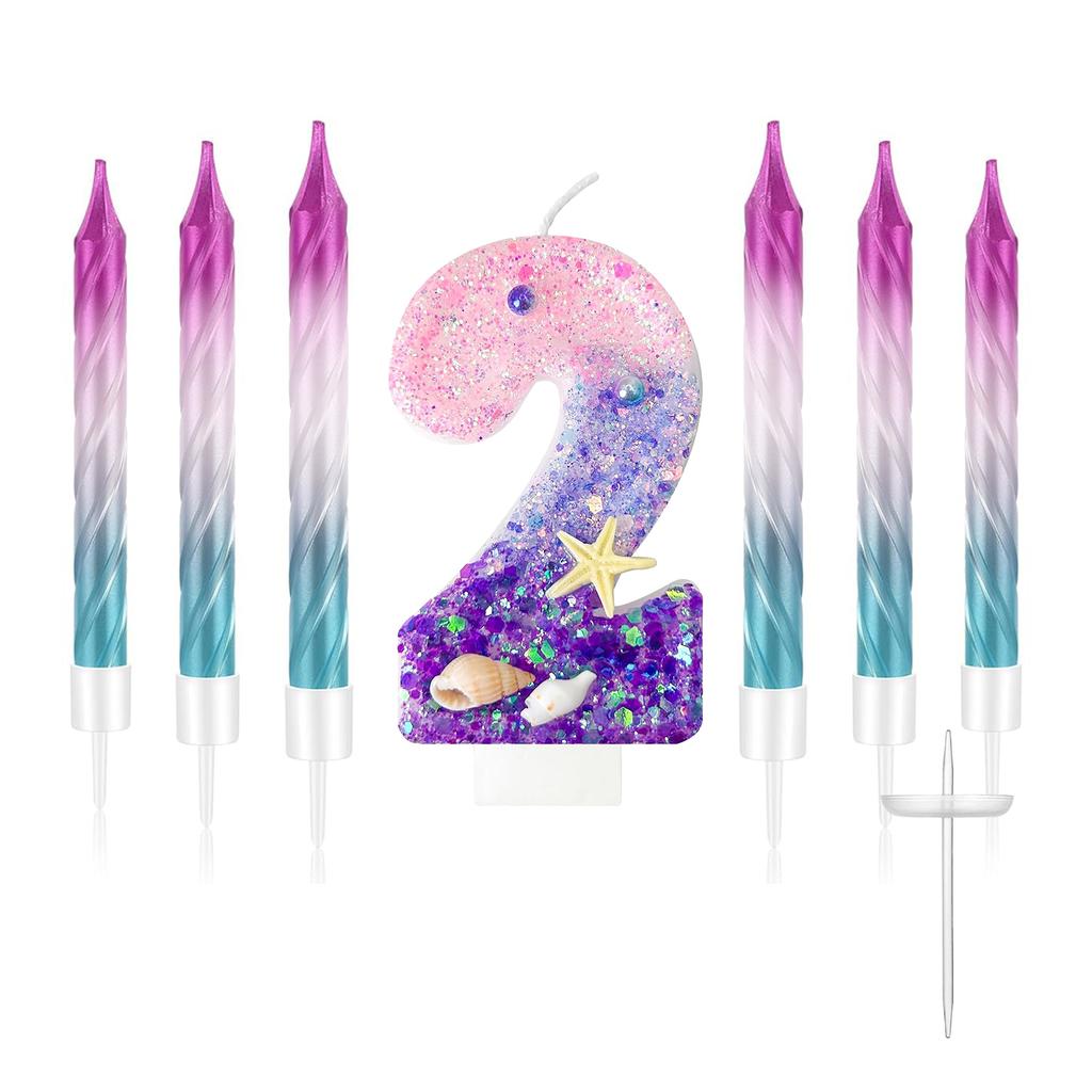 7pcs Girls Purple Mermaid Party Number 0-9 Cake Candles, 2.76 Inch Birthday Candle, Cake Topper Decoration for Birthday Party