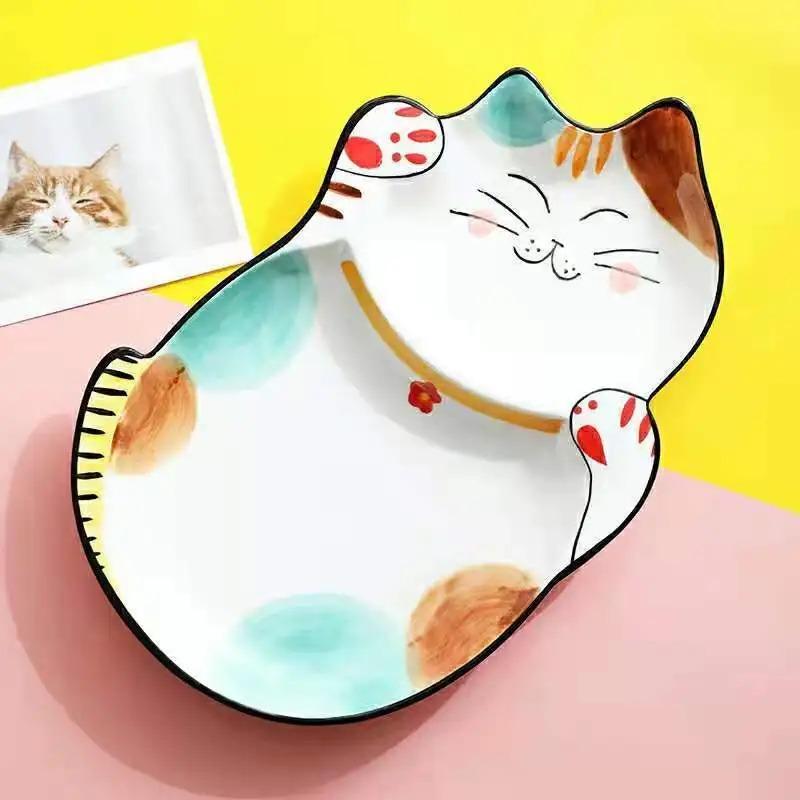 Japanese-style Lucky Cat Pattern Ceramic Plates Creative Dinner Tableware Cartoon Plate Sets Kitchen Lovely Dishes Porcelain