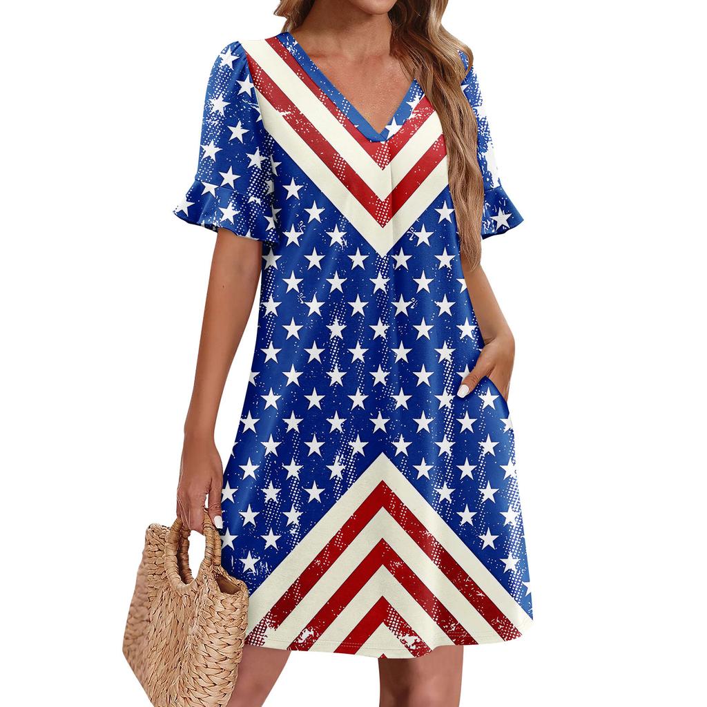 Summer Dresses For Women V Neck Ruffle Short Sleeve Casual Loose  Independence Printing Dress Beach Dress With Pockets