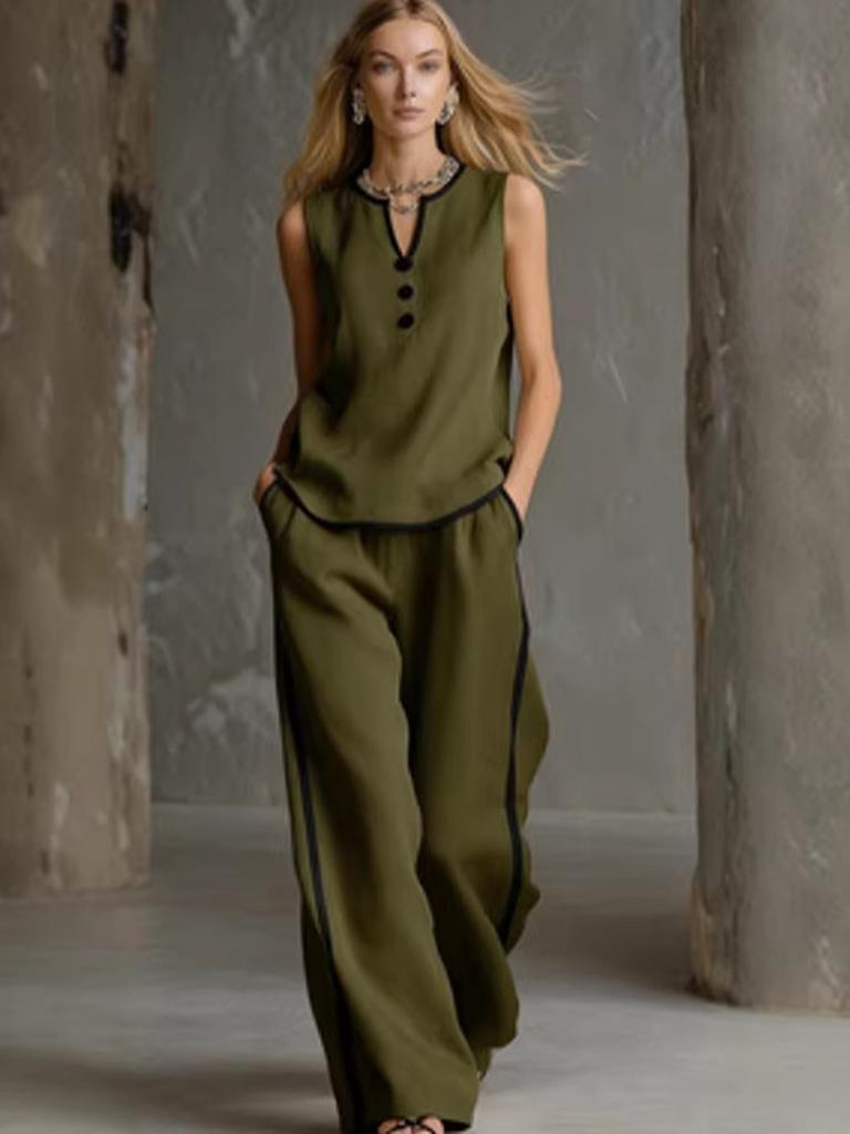 Summer Sleeveless V-Neck  Black Trim Color Block, Simple and Elegant; Wide Leg Pants Style, High-Rise Slim Fit