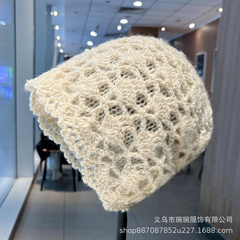 Spring and Autumn Hollow Double Layer Cotton Thread Handmade Crochet Baotou Hat Female Elegant Retro Sweet Decorative Knitted Cold Hat