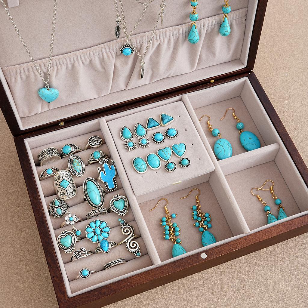 Set de Joyería Bohemia de Turquesa de 44 Piezas para Mujer Vintage Set de Pendientes Anillo Collar de Girasol Corazón Joyería de Turquesa Natural Regalo