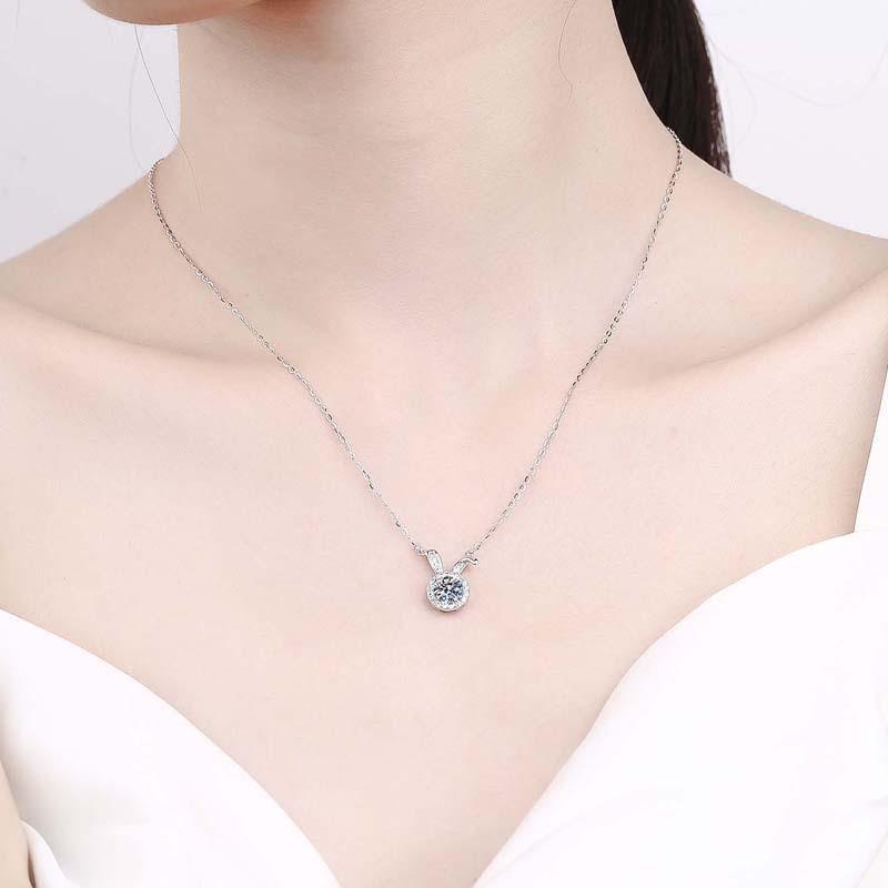 S925 Sterling Silver Moissanite Rabbit Ear Pendant Necklace for Women - Cute Douyin-Inspired Style