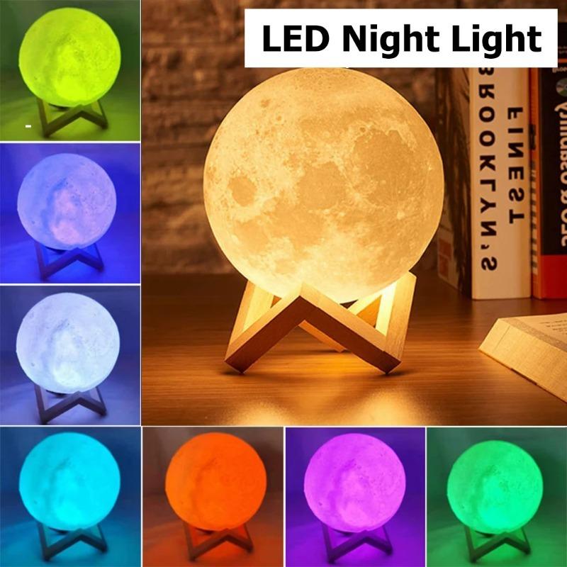 Led Moon Lamp Night Light With Stand 8/12cm Table Print Bracket Battery 3D Lights Warm white multicolor On Home Lamps Romantic