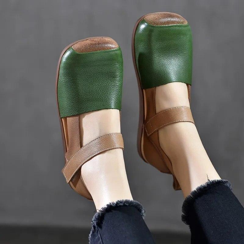 Johnature Retro Genuine Leather Sandals For Women's Mixed Colors Square Toe Soft Sole Flat Shoes