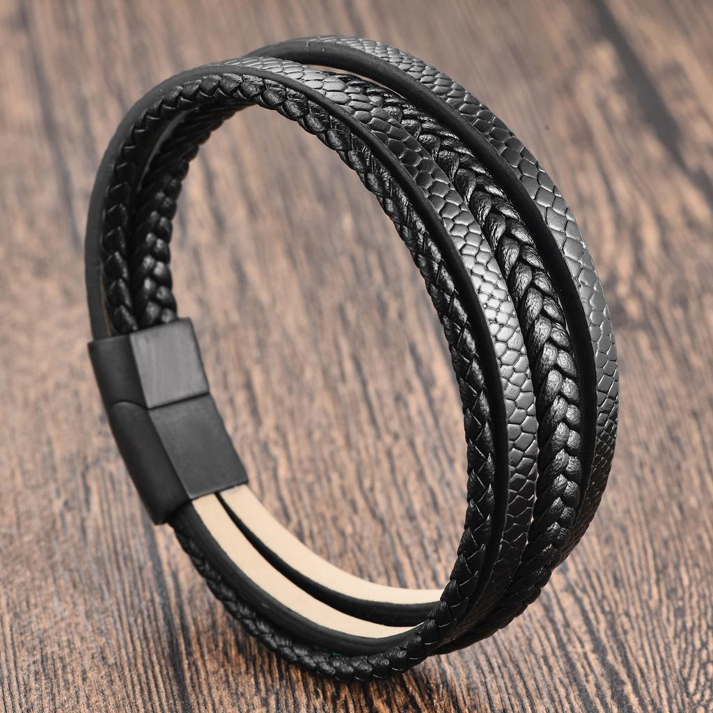 Men's Black Leather Bracelet Stainless Steel Double Layer Braided Wristband Fashion Handmade Cowhide Rope Jewelry Accessories