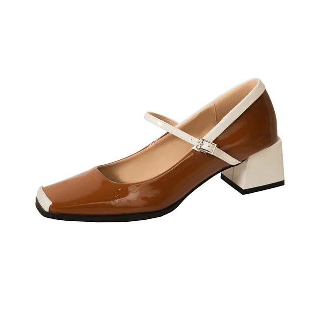 Sapatos únicos de dedo quadrado para mulheres saltos grossos rasos mary jane sapatos de couro envernizado francês elegante sapatos de couro de salto alto