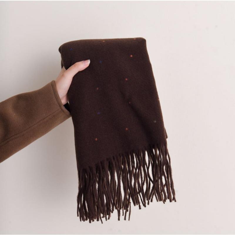 Jednobarevný s puntíky, střapce, dámská šála, podzimní zimní teplé silné šály, univerzální trendy šik šátek