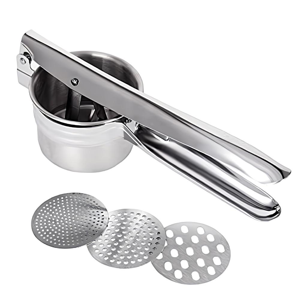 Pop Frog Stainless Steel Hand Potato Masher, Commercial Grade, with 3 Interchangeable Discs, Long Handle, for Crushing Potatoes, Chopping Noodles, Min