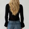 Women Shirt V-neck Ruffle Trim Flared Long Sleeve Casual Tops Pure Color Office Lady