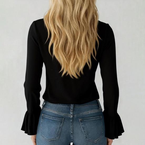 Women Shirt V-neck Ruffle Trim Flared Long Sleeve Casual Tops Pure Color Office Lady