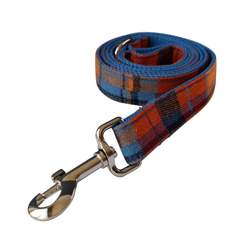 Blue Plaid Velvet Dog Collar and Leash with Alloy Buckle