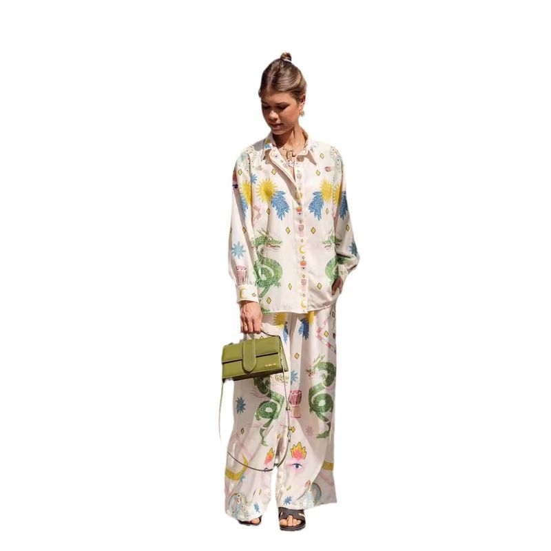 

2024 Summer and Autumn European and American Women s Clothing Shirt Pants Loose Printing Suit Casual Vacation Set Apricot S