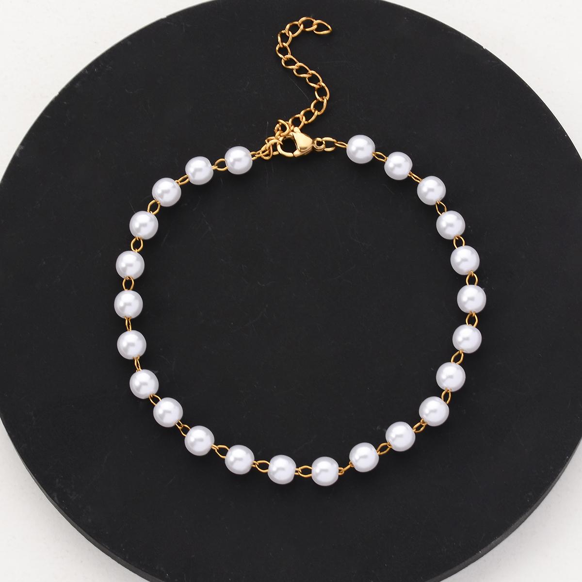 1Pc Women Imitation Pearl Bracelet Anklet Choker Stainless Steel Handmade Beaded Link Chain Jewelry 18cm